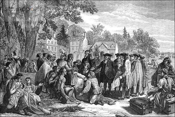 Historische Szene aus der US-amerikanischen Geschichte im 17. Jahrhundert  Vertragsverhandlung zwischen Penn und Indianern  William Penn  1644 - 1718  Gründer der Kolonie Pennsylvania