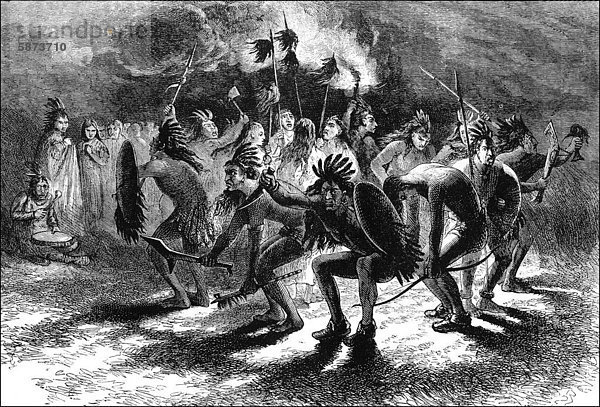 Historische Szene aus der US-amerikanischen Geschichte im 17. Jahrhundert  indianischer Skalp-Tanz  um 1670