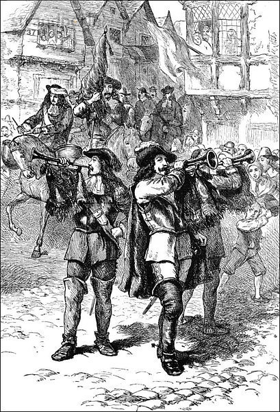 Historische Szene aus der US-amerikanischen Geschichte im 17. Jahrhundert  Jakob II. oder James II von England  1633 - 1701  König von England  Schottland und Irland  in Boston  Massachusetts  Neuengland  USA