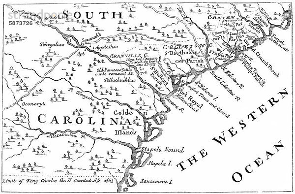 Historische Zeichnung aus der US-amerikanischen Geschichte im 18. Jahrhundert  Landkarte von South Carolina  USA  1730