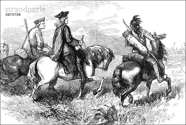Historische Szene aus der US-amerikanischen Geschichte im 18. Jahrhundert  Sir Alexander Cumming  Abgesandter der britischen Regierung auf dem Weg zu den Cherokee Indianern  April 1730