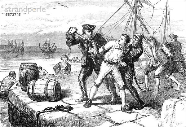 Historische Szene aus der US-amerikanischen Geschichte im 18. Jahrhundert  Sir Charles Knowles  1. Baronet of Banbury  1704 - 1777  ein britischer Admiral  in Boston  Neuengland  Massachusetts  USA