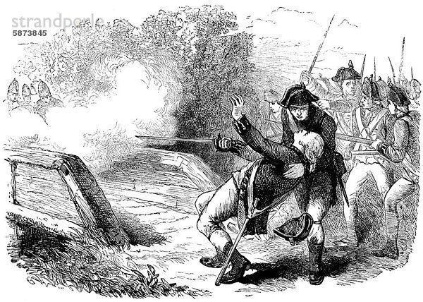 Historische Szene aus der US-amerikanischen Geschichte im 18. Jahrhundert  der Tod von Isaac Davis  1745 - 1775  im Gefecht von Lexington und Concord im amerikanischen Unabhängigkeitskrieg am 19. April 1775