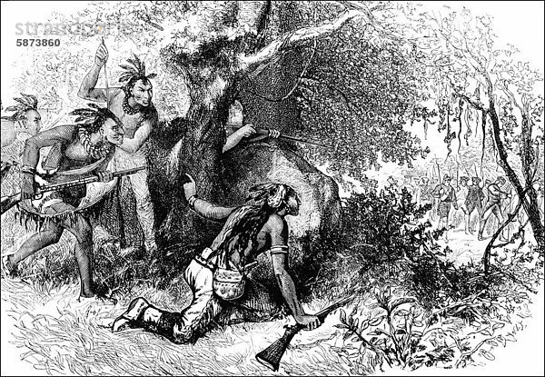 Historische Szene aus der US-amerikanischen Geschichte im 18. Jahrhundert  Hinterhalt der Cherokee-Indianer im Siebenjährigen Krieg  1756-1763