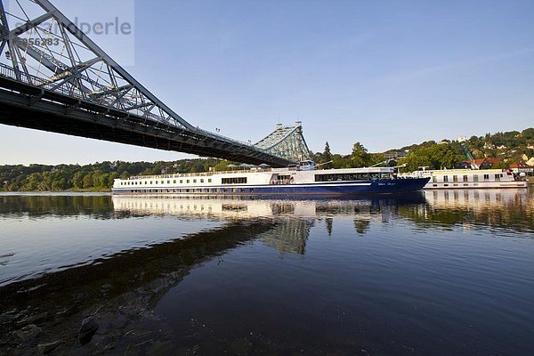 Kreuzfahrtschiff unter einer Brücke über die Elbe in der Nähe von Dresden  Sachsen  Deutschland  Europa