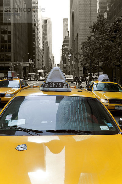 Gelbes Taxi entlang der Fifth Avenue  Uptown Manhattan  New York City  New York  Vereinigte Staaten von Amerika  Nordamerika