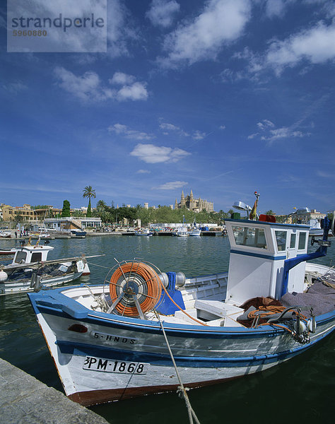 Angeln  Boot und der Kathedrale von Palma im Hintergrund auf Mallorca  Balearen  Spanien  Mediterranean  Europa