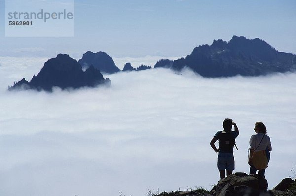 Wanderer schauen über den Wolken vom Paradise Park am Vulkan Mount Rainier  höchster Punkt im Staat Washington State  Vereinigte Staaten von Amerika  Nordamerika