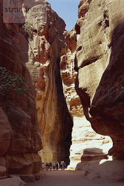 Der Siq  schmale Einfahrt zwischen Felsen  auf der Website von Petra  Jordanien  UNESCO World Heritage Site  Naher Osten