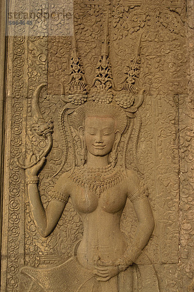 Detail der Mauer schnitzen mit einer Apsara an Angkor Wat  UNESCO Weltkulturerbe  Siem Reap  Kambodscha  Indochina  Südostasien  Asien