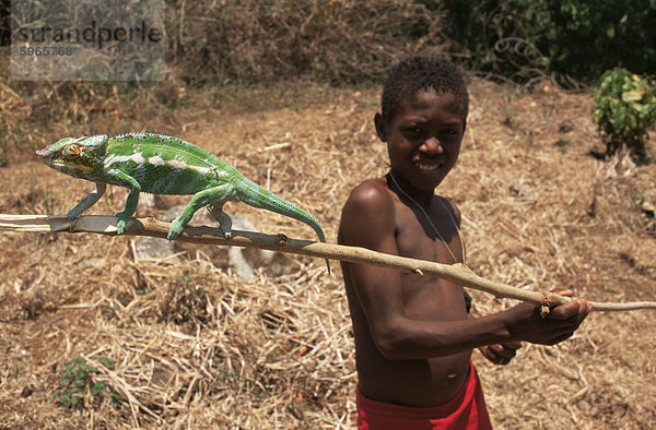 Junge mit Chamäleon  Nosy Be  Madagaskar  Afrika