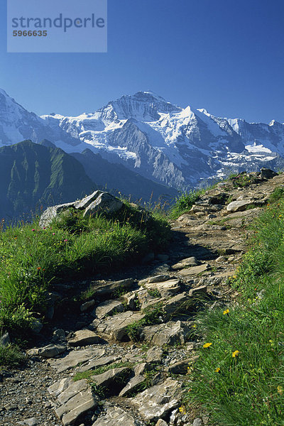 Zeigen Sie auf Weg zum Schnee bedeckte Gipfel der Jungfrau  Schynige Platte  in der Nähe von Interlaken  Bern  Schweiz  Europa an