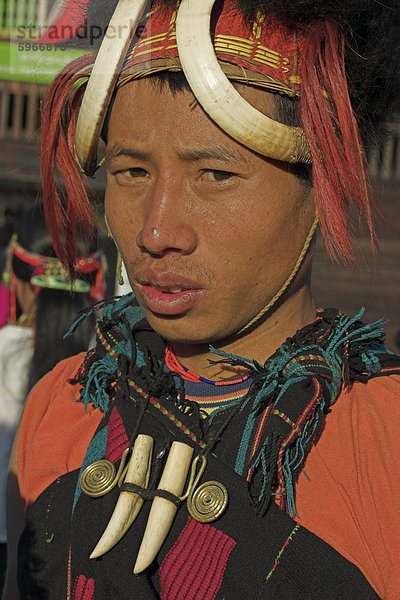Naga Mann tragen Tiger Zähne Halskette und Kopfschmuck von gewebten Zuckerrohr dekoriert mit Wildschwein Zähne  tragen Pelz  rot gefärbte Ziegen Haar  Naga New Year Festival  Lahe Dorf  Sagaing-Division  Myanmar (Birma)  Asien