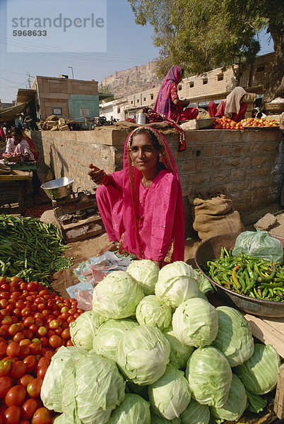 Frau kaufe Tomaten und Kohl aus einem Stand  Jodhpur  Rajasthan Indien  Asien