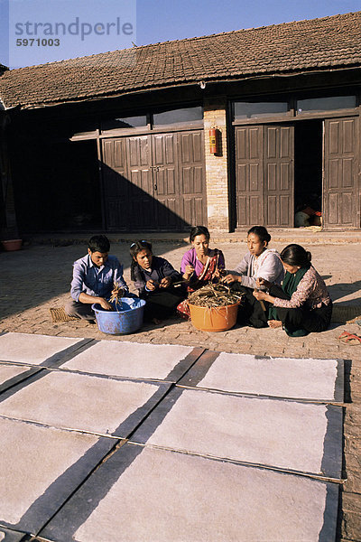 Lhokta Papier Trocknen in der Sonne wie Arbeitnehmer mehr Daphne Pflanzen in Papier auf ein U.N. gemacht werden sauber finanziertes Projekt  Bhaktapur (Bhadgaun)  Nepal  Asien