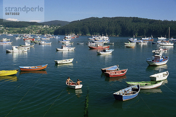 Angeln Boote und Landzunge  Ria de Cedeira  La Coruna Area  Galicien  Spanien  Europa