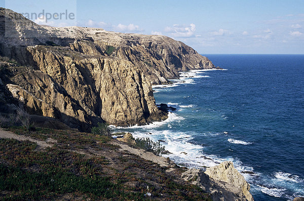 Klippen von der zentralen Küste von Porto Santo Island  aus Madeira  Portugal  Atlantik  Europa