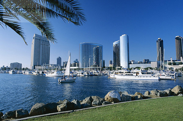 Jacht vor der Hafengebiet Skyline Blick quer durch den Hafen von Embarcadero Marina Park  San Diego  California  Vereinigte Staaten von Amerika (U.S.A.)  Nordamerika