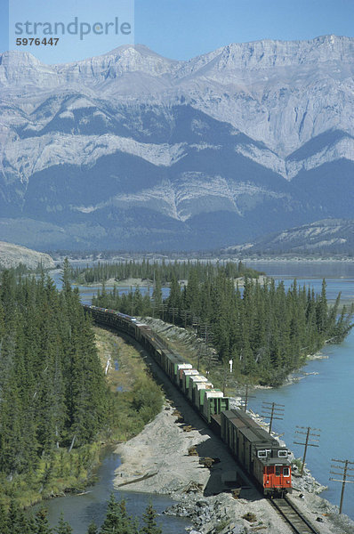 Canadian National Railways Güterzug entlang Athabasca River  Jasper Nationalpark  UNESCO Weltkulturerbe  Alberta  Rocky Mountains  Kanada  Nordamerika