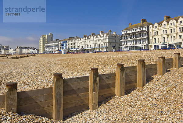 Kiesstrand und Buhnen  Hotels auf der Strandpromenade  Eastbourne  East Sussex  England  Vereinigtes Königreich  Europa