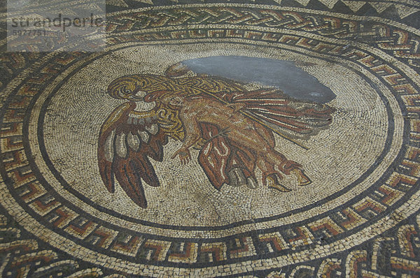 Mosaik Boden Figur mit Raubvogel  350 AD römische Villa bei Bignor  West Sussex  England  Vereinigtes Königreich  Europa