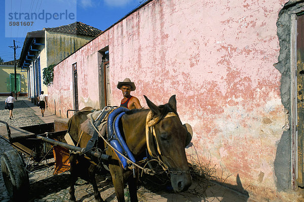 Pferdekutsche in Straße von der Kolonialstadt  Trinidad  Sancti Spiritus Gebiet  Kuba  Westindische Inseln  Mittelamerika