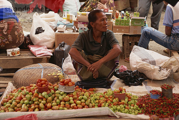 Porträt einer Frau  die Tomaten in Rantepao Markt  Toraja-Gebiet  Insel Sulawesi  Indonesien  Südostasien  Asien zu verkaufen