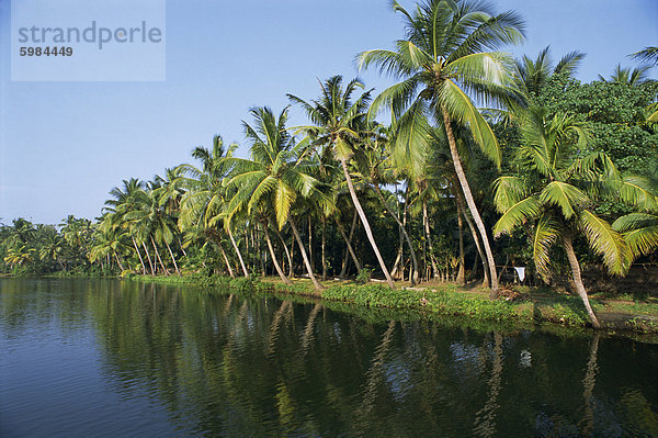 Typische Rückstau Szene  Wasserstraße  umsäumt von Palmen  Kanäle und Flüsse dienen als Fahrbahnen  Kerala  Indien  Asien