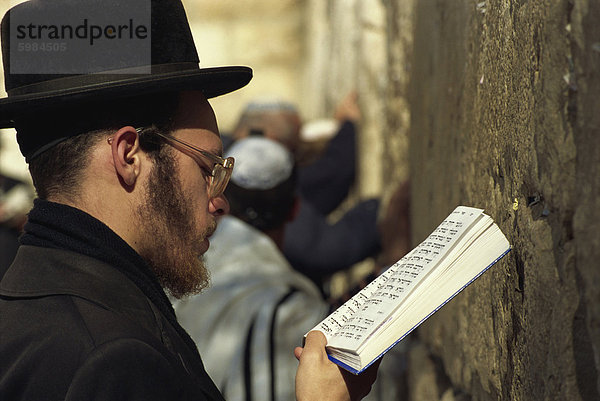 Nahaufnahme der orthodoxen Juden beten mit einem Buch in der Hand an der Klagemauer in Jerusalem  Israel  Naher Osten