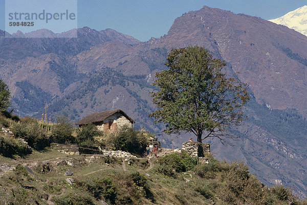 Wanderer auf dem Weg zum Ghoropani-Pass von Tatopani  mit Bergen im Hintergrund  in Nepal  Asien
