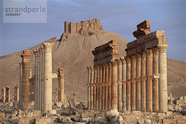 Der große Kolonnade mit arabischen Burg am Hügel im Hintergrund  Palmyra  UNESCO Weltkulturerbe  Syrien  Naher Osten