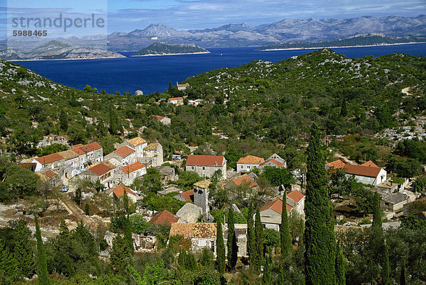 Luftaufnahme über Dorf Korita und Hügeln an der Küste auf der Insel Mljet  der dalmatinischen Küste  Kroatien  Europa