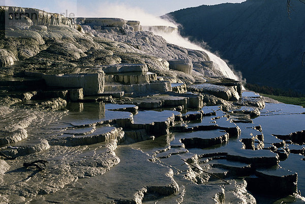 Heißes Wasser in Pools auf Calcit Terrassen hinterlegt von Mammoth Hot Springs  Yellowstone National Park  UNESCO Weltkulturerbe  Wyoming  Vereinigte Staaten von Amerika (U.S.A.)  Nordamerika
