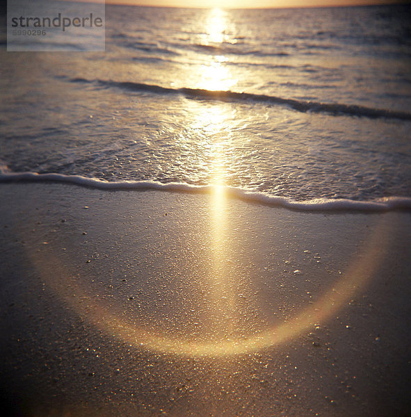 Bild aufgenommen mit einer Holga Mittelformat 120 Film Toy Kamera von Sonnenlicht reflektieren nassen Sand und Meer bei Sonnenuntergang  Stonetown  Zanzibar  Tansania  Ostafrika  Afrika