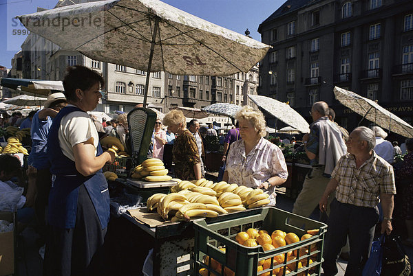 Früchte hängen im Markt  Brno  Moravia  Tschechien  Europa
