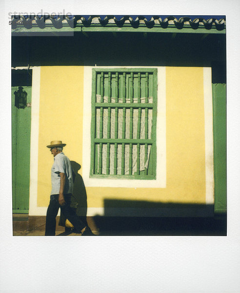 Mann Fenster Wand gehen gelb grün Nostalgie streichen streicht streichend anstreichen anstreichend Westindische Inseln Mittelamerika grillen grillend grillt Trinidad und Tobago Kuba Polaroid