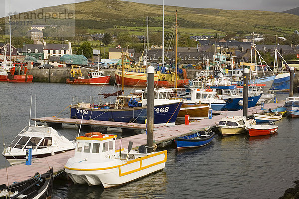 Naturhafen  vertäut Fischereihafen mit Booten durch hölzerne Mole mit Wasser darüber hinaus  Dingle  westlichste Stadt in Europa  Halbinsel Dingle  County Kerry  Munster  Irland  Europa