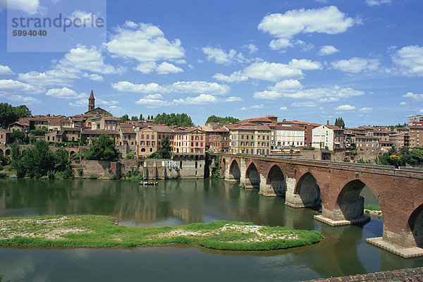 Den Fluss und die Brücke mit der Stadt von Albi im Hintergrund  Tarn Region Midi-Pyrenees  Frankreich  Europa