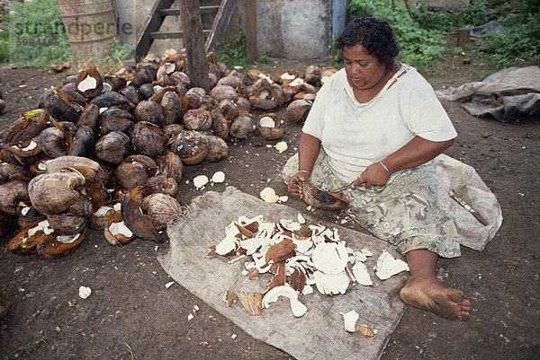 Frau Kopra Arbeitnehmer Aushöhlung Kokos-Kernel vor Rauchen  auf Taveuni Island  Fiji  Pazifische Inseln  Pazifik