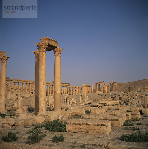 Den römischen Bädern von Diocletian aus dem 3. Jahrhundert n. Chr. und der Säulen Hauptstraße  datierend aus dem 1. Jahrhundert  an der alten griechisch-römischen Stadt von Palmyra  UNESCO-Weltkulturerbe  Syrien  Naher Osten