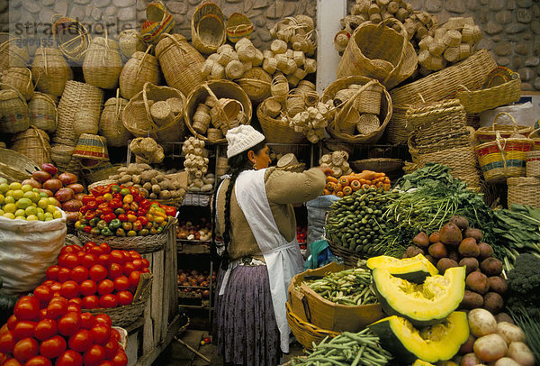 Obst  Gemüse und Körbe zum Verkauf auf Stall in Markt  Sucre  Bolivien  Südamerika
