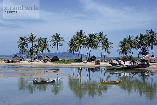 Palmen und festgemachten Boote am Strand von Marang  auf der Ostküste  Malaysia  Südostasien  Asien