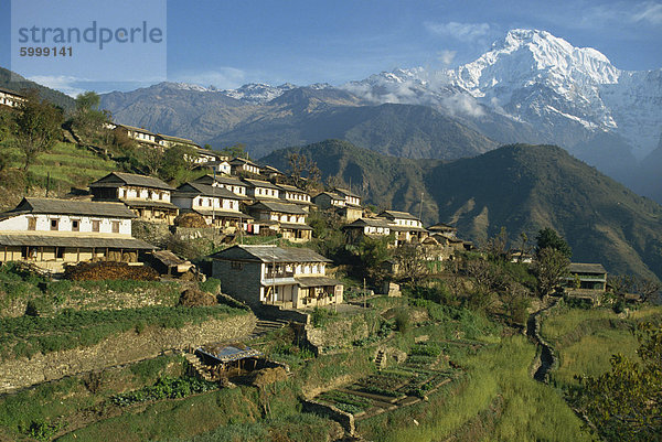 Gebäude Dorf Feld Himalaya Annapurna Asien Nepal