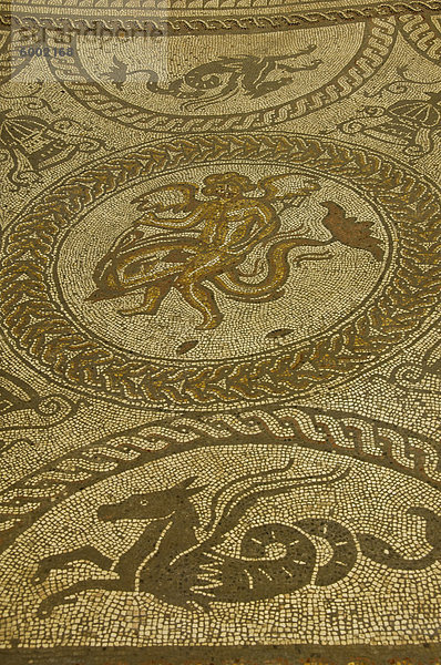 Junge auf einem Delphin und einem fliegenden Pferd  Zentrum der Mosaikboden  Fishbourne Roman Palace  in der Nähe von Chichester  Sussex  England  Vereinigtes Königreich  Europa