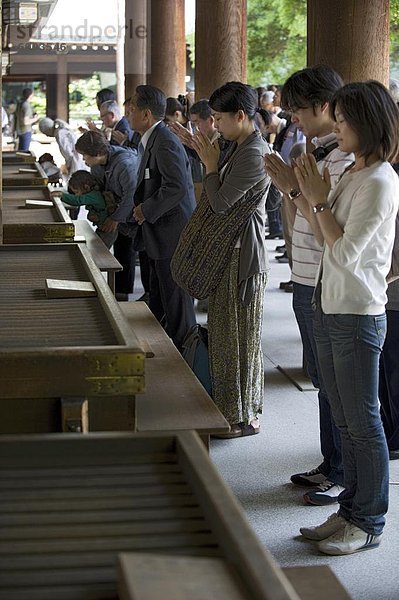 Die Gläubigen beten vor Offertorium-Boxen am wichtigsten Hall von Meiji Jingu Schrein in Tokio  Japan  Asien