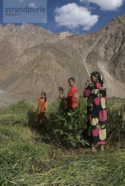 Landwirtschaft Familie arbeiten im Feld  Bartang-Tal  Tadschikistan  Zentralasien  asiatisch