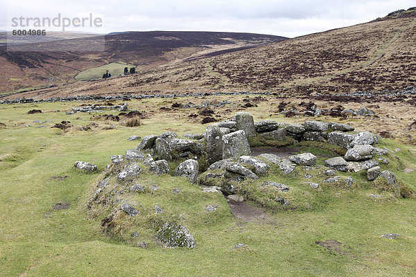 Ruinen eines mittleren Bronzezeit-Hauses  3500 Jahre alt  bei Grimspound  Dartmoor  Devon  England  Vereinigtes Königreich  Europa
