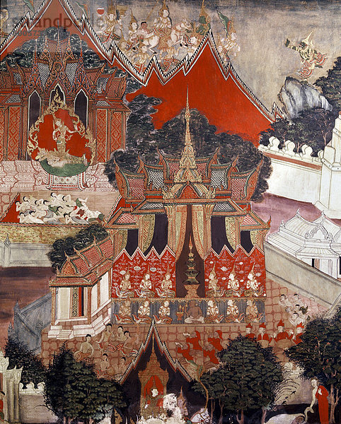 Szenen aus dem Leben von Buddha  einschließlich die große Abfahrt oben und Hochzeit von Siddharta unten  Wat Thong Thammachat  Bangkok Thailand  Südostasien  Asien