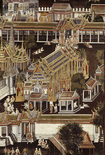 Detail einer Wandmalerei  die Darstellung des Tempels des Smaragd-Buddha  in der Ordination-Pavillon von König Rama V in der Marmor-Tempel  Asien  Bangkok  Thailand  Südostasien