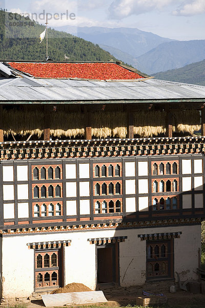 Dach Peperoni Wohnhaus trocknen rot typisch Asien Bhutan Paro
